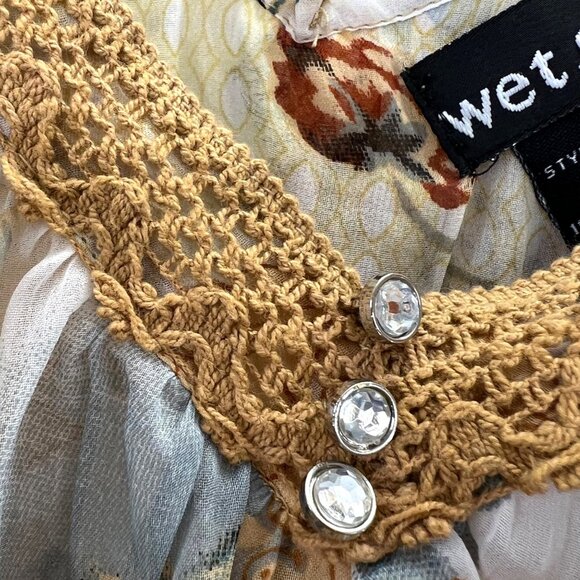 Wet Seal Blouse Top M Floral Semi Sheer Tiered Crochet Rhinestones Mustard Tan - Picture 4 of 6